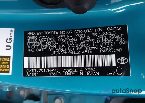 2022 Toyota Prius Prime Le z USA, uszkodzony, nr VIN JTDKAMFP9N3214816